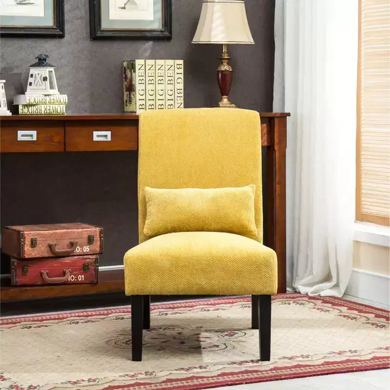 Fauteuil d'appoint moderne avec oreiller et revêtement en chenille, sans accoudoirs, avec pieds en bois massif, chaise confortable pour salon et chambre à coucher.