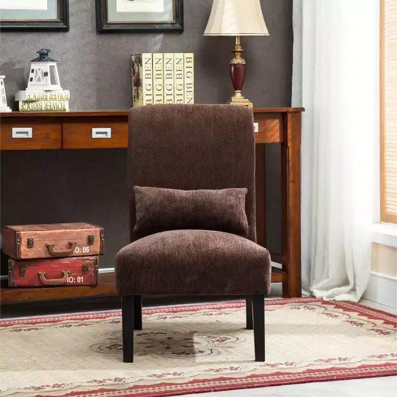 Fauteuil d'appoint moderne avec oreiller et revêtement en chenille, sans accoudoirs, avec pieds en bois massif, chaise confortable pour salon et chambre à coucher.