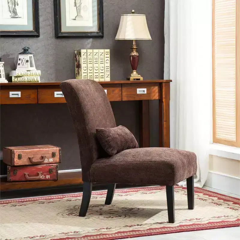 Fauteuil d'appoint moderne avec oreiller et revêtement en chenille, sans accoudoirs, avec pieds en bois massif, chaise confortable pour salon et chambre à coucher.