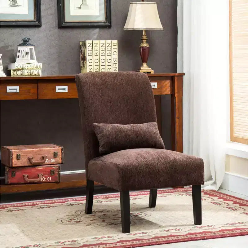 Fauteuil d'appoint moderne avec oreiller et revêtement en chenille, sans accoudoirs, avec pieds en bois massif, chaise confortable pour salon et chambre à coucher.