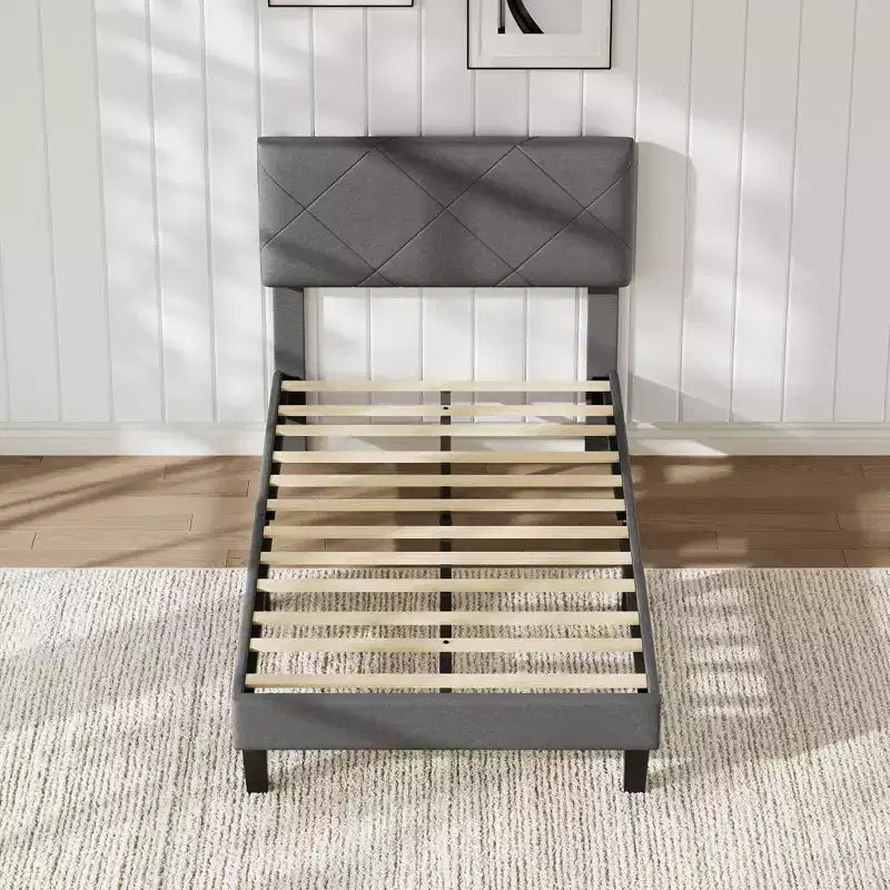 Cadre de lit double avec tête de lit en tissu rembourré et support à lattes en bois, pas besoin de sommier tapissier, montage facile et silencieux