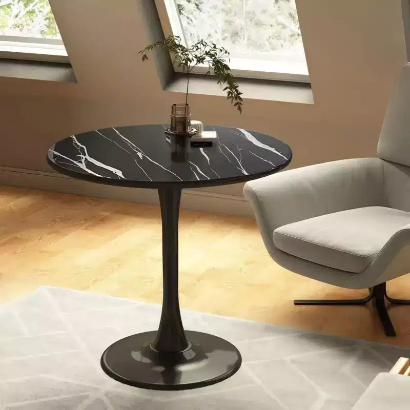 Table à manger ronde Table d'appoint Table de cuisine moderne Plateau en MDF Piètement en acier pour salon, bureau Noir marbre 23,6*19,7*29,1