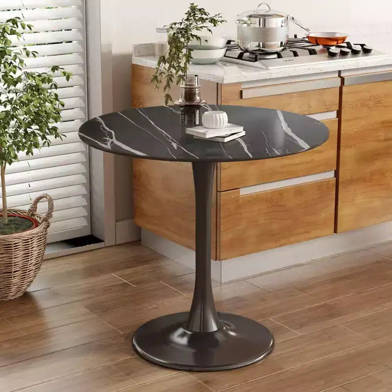 Table à manger ronde Table d'appoint Table de cuisine moderne Plateau en MDF Piètement en acier pour salon, bureau Noir marbre 23,6*19,7*29,1