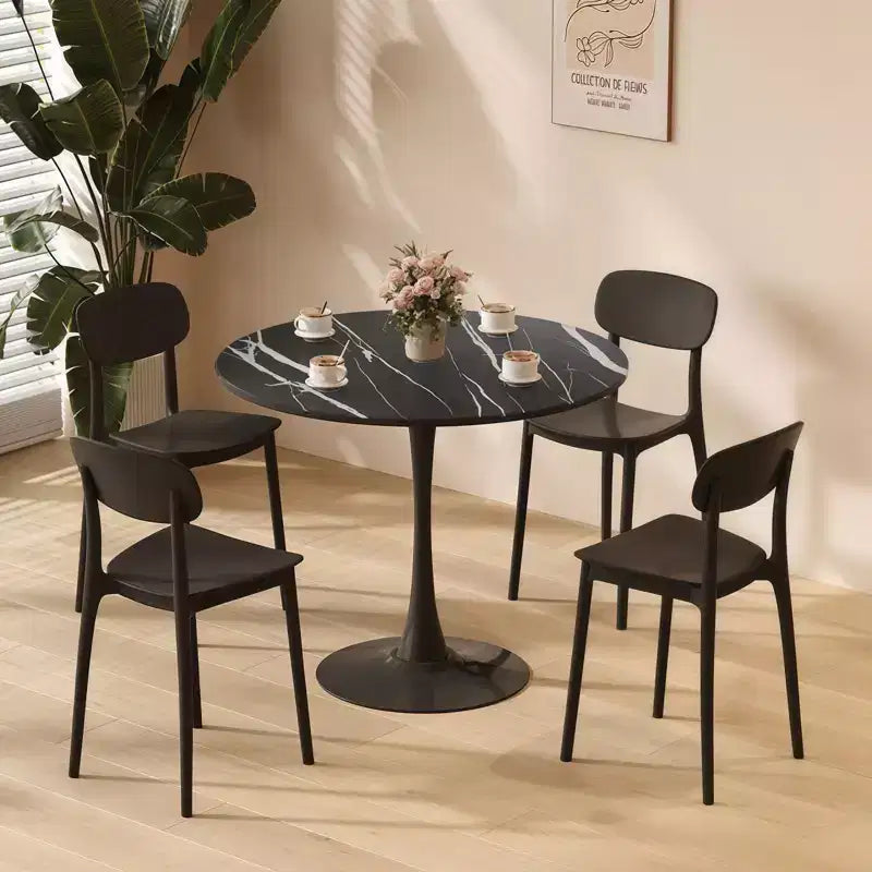 Table à manger ronde Table d'appoint Table de cuisine moderne Plateau en MDF Piètement en acier pour salon, bureau Noir marbre 23,6*19,7*29,1
