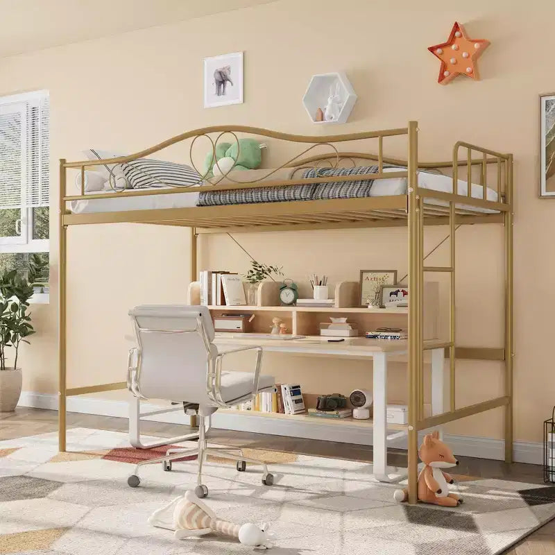 Lit mezzanine double avec échelle amovible et garde-corps complet, lit mezzanine haut en métal doré pour adolescents et adultes, gain de place, pas besoin de sommier tapissier