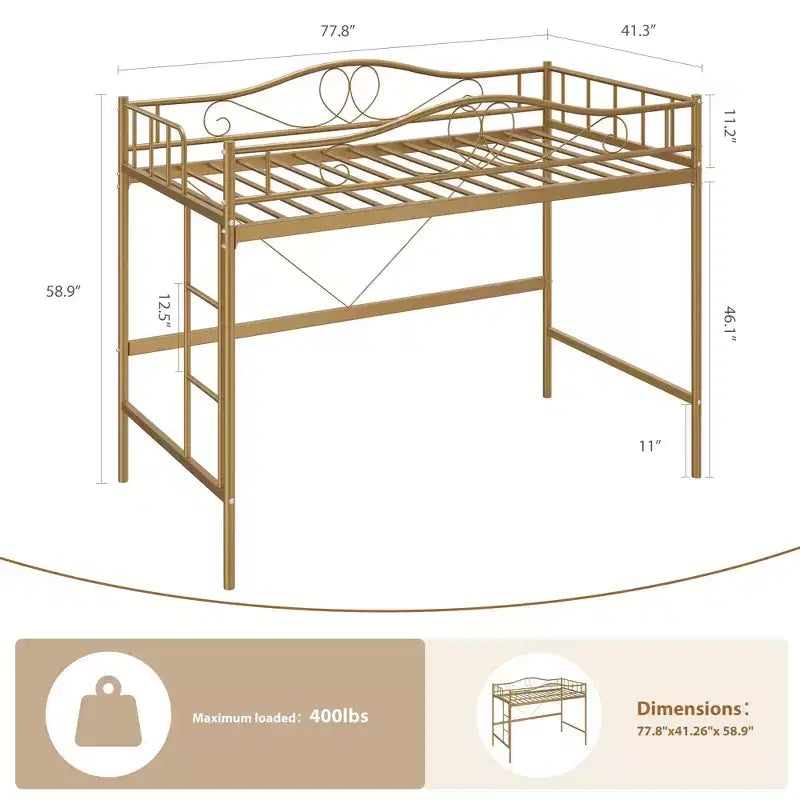Lit mezzanine double avec échelle amovible et garde-corps complet, lit mezzanine haut en métal doré pour adolescents et adultes, gain de place, pas besoin de sommier tapissier