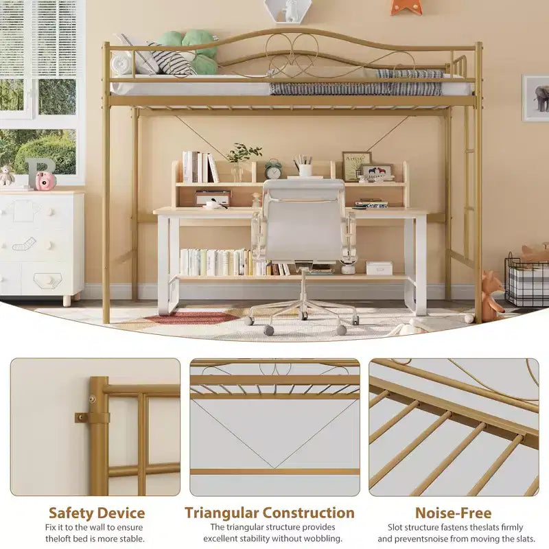 Lit mezzanine double avec échelle amovible et garde-corps complet, lit mezzanine haut en métal doré pour adolescents et adultes, gain de place, pas besoin de sommier tapissier