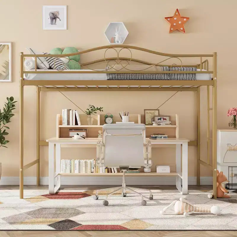 Lit mezzanine double avec échelle amovible et garde-corps complet, lit mezzanine haut en métal doré pour adolescents et adultes, gain de place, pas besoin de sommier tapissier