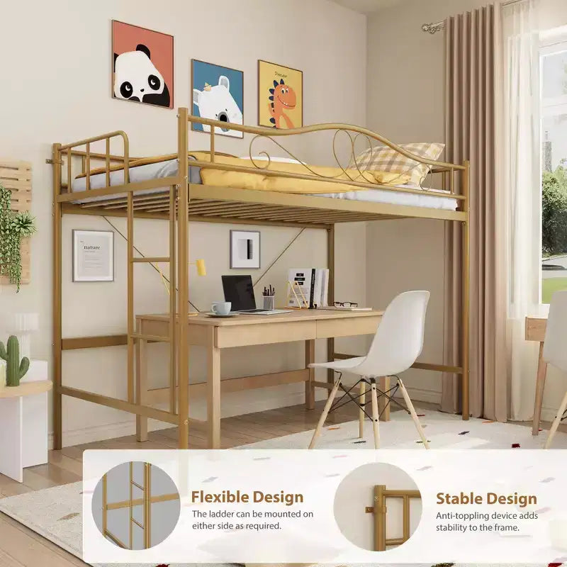 Lit mezzanine double avec échelle amovible et garde-corps complet, lit mezzanine haut en métal doré pour adolescents et adultes, gain de place, pas besoin de sommier tapissier