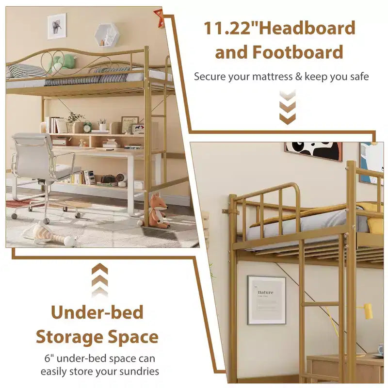 Lit mezzanine double avec échelle amovible et garde-corps complet, lit mezzanine haut en métal doré pour adolescents et adultes, gain de place, pas besoin de sommier tapissier