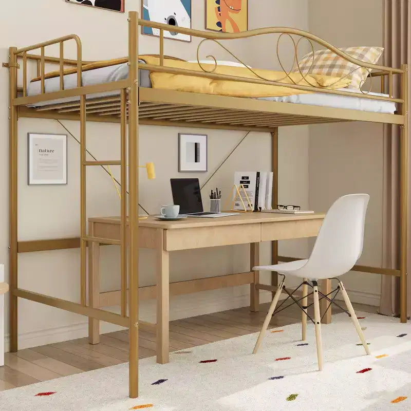 Lit mezzanine double avec échelle amovible et garde-corps complet, lit mezzanine haut en métal doré pour adolescents et adultes, gain de place, pas besoin de sommier tapissier