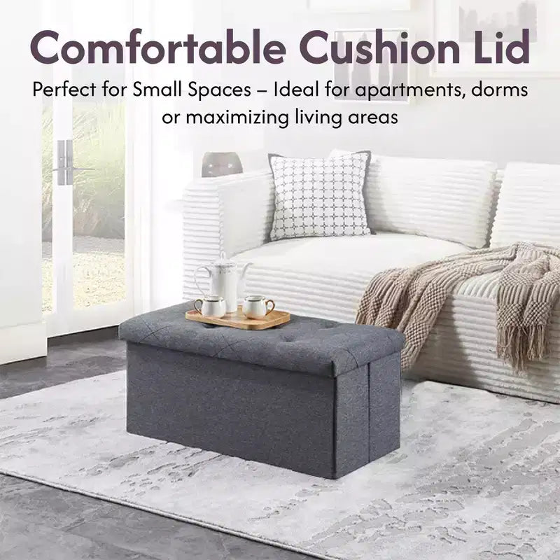 Banc de rangement pliant, Pouf repose-pieds, Banc de bout de lit, Coffre de rangement, avec couvercle rabattable, pour salon, chambre à coucher, entrée, gris