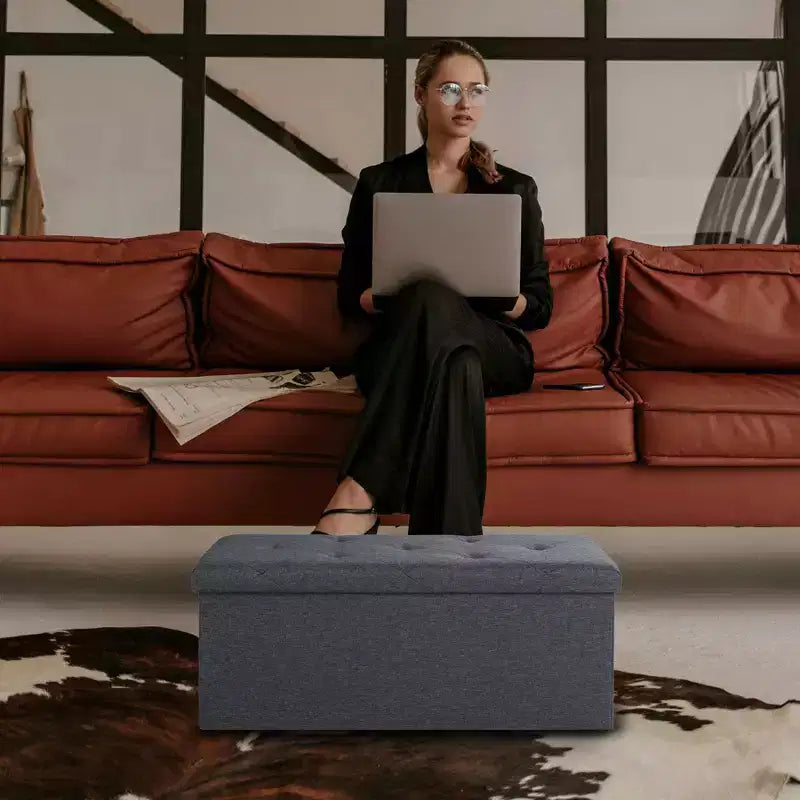 Banc de rangement pliant, Pouf repose-pieds, Banc de bout de lit, Coffre de rangement, avec couvercle rabattable, pour salon, chambre à coucher, entrée, gris