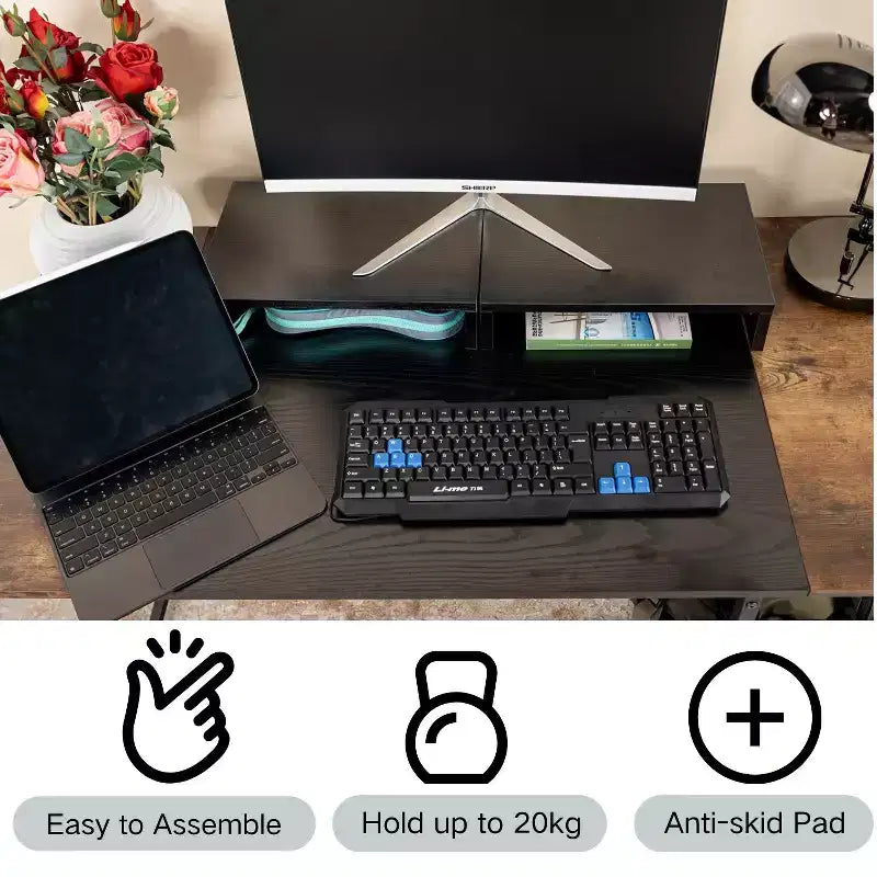 Rehausseur d'écran DualTier, support d'ordinateur réglable en longueur avec étagère de rangement, organiseur de bureau ergonomique pour ordinateur portable