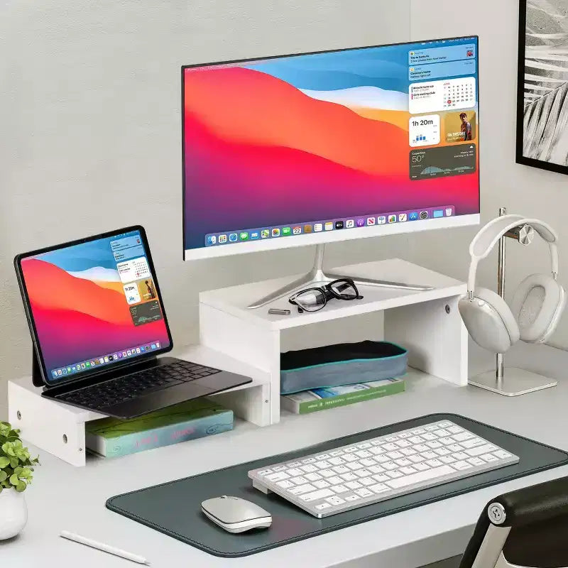 Support d'écran double niveau Ergonomique avec étagère de rangement Organiseur de bureau pour ordinateur portable, PC et fournitures de bureau