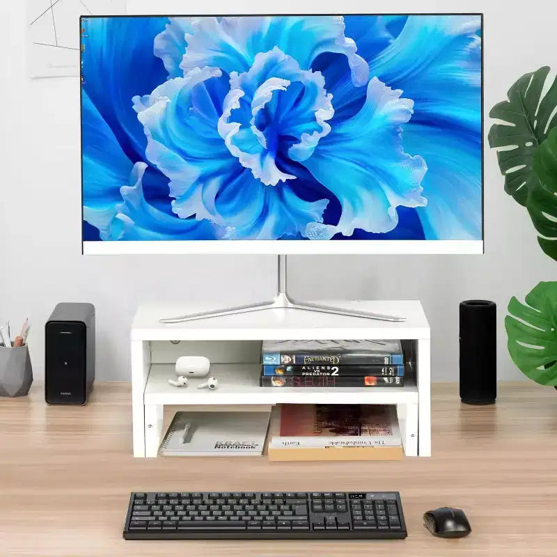 Support d'écran double niveau Ergonomique avec étagère de rangement Organiseur de bureau pour ordinateur portable, PC et fournitures de bureau