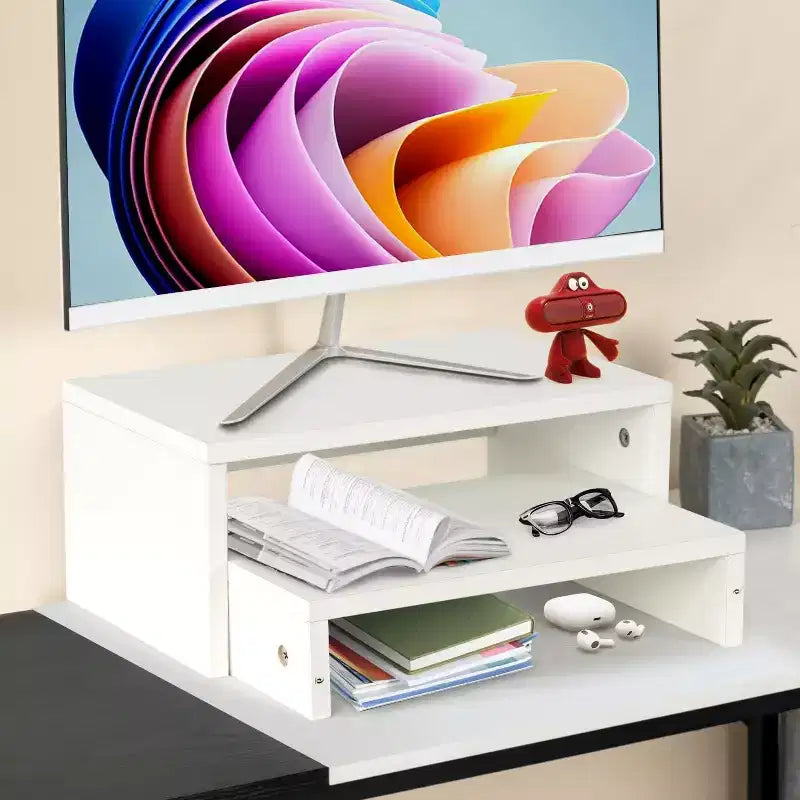 Support d'écran double niveau Ergonomique avec étagère de rangement Organiseur de bureau pour ordinateur portable, PC et fournitures de bureau