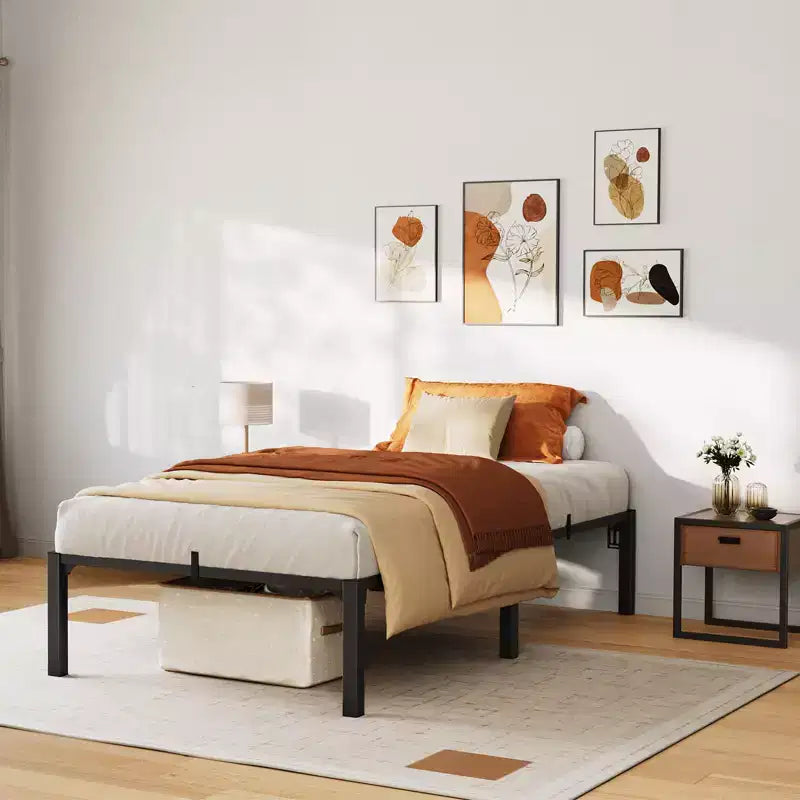 16 Black Heavy Duty Metal Bed Frame, Iron Slat Support Foundation, 800 lbs Capacity, Tool-Complimentary Assembly, Underbed Storage