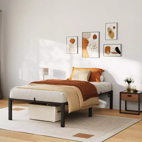 16 Black Heavy Duty Metal Bed Frame, Iron Slat Support Foundation, 800 lbs Capacity, Tool-Complimentary Assembly, Underbed Storage