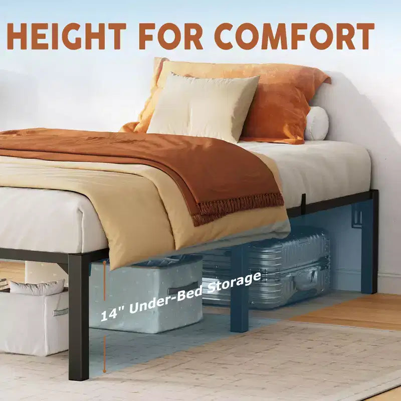 Cadre de lit en métal robuste noir 16 po, sommier à lattes en fer, capacité de 800 lb, assemblage sans outils, rangement sous le lit