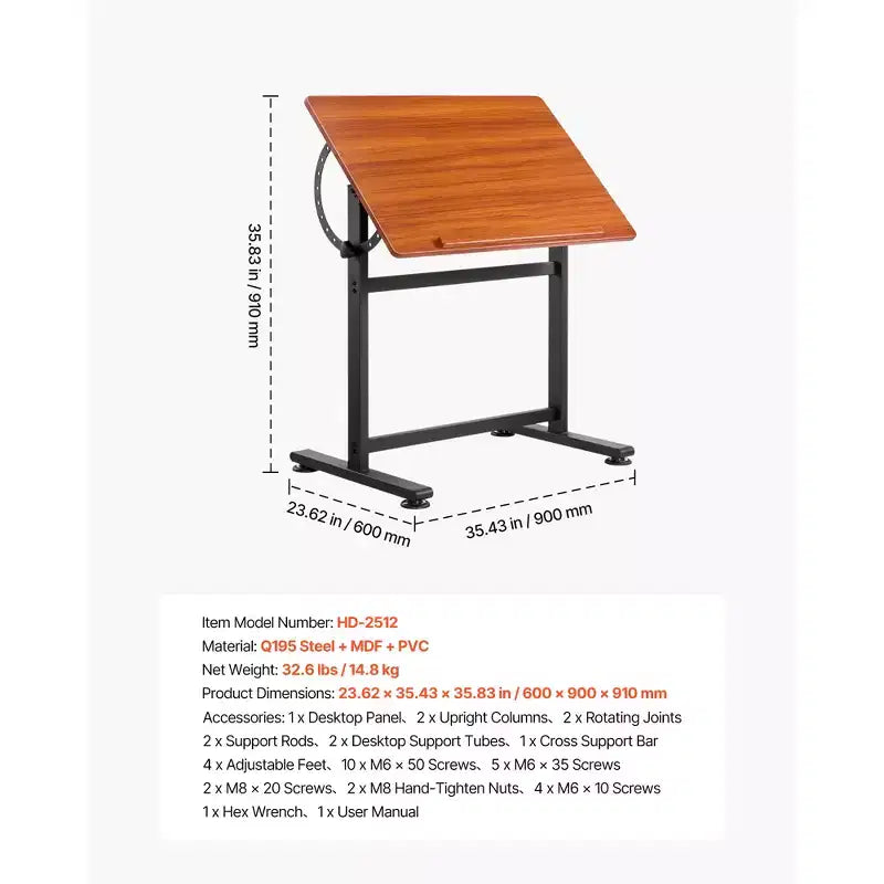 Table à Dessin Réglable 090 Pupitre Inclinable Portable pour Artistes avec Cadre en H Noir et Plateau Marron Noir&Marron