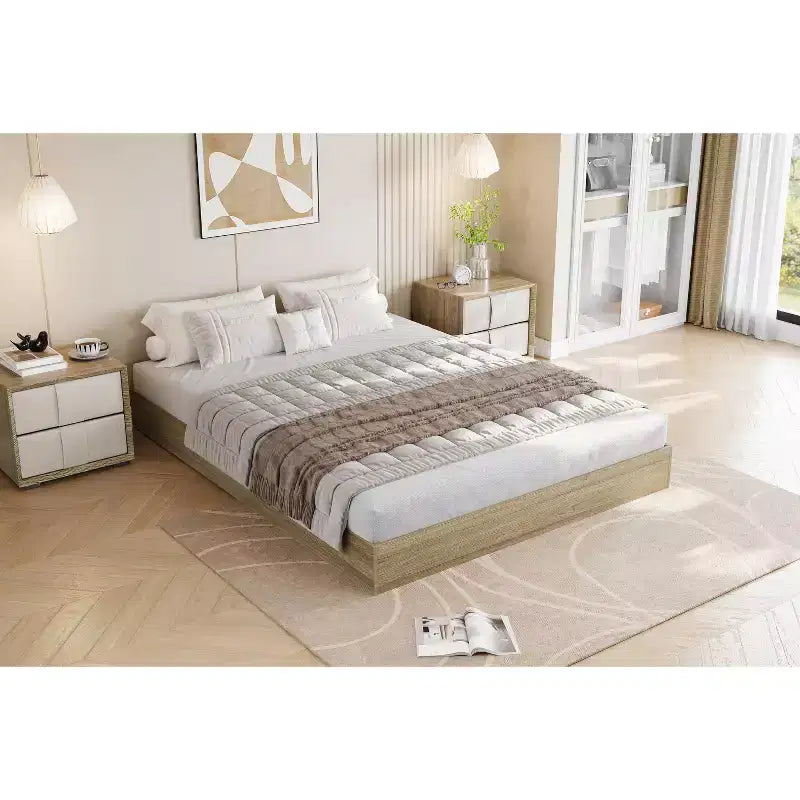 Cadre de lit plateforme, lit en bois avec sommier à lattes et sans besoin de sommier tapissier, assemblage facile, cadre de lit minimaliste sans tête de lit