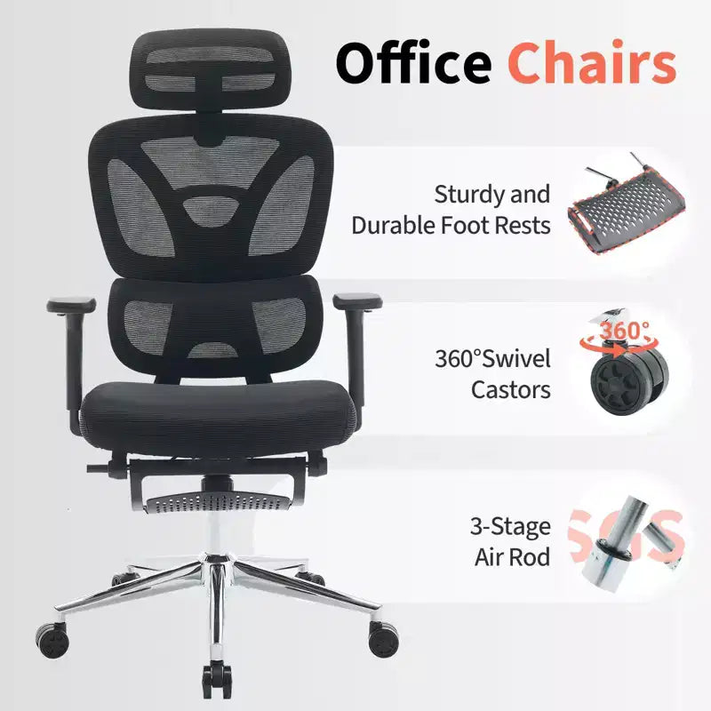 Chaise de bureau ergonomique en maille, soutien lombaire réglable, maille respirante, chaise d'ordinateur pivotante, pour bureau à domicile