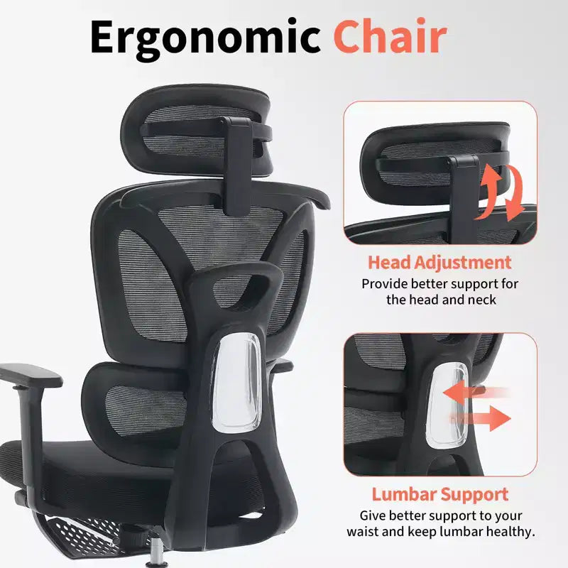 Chaise de bureau ergonomique en maille, soutien lombaire réglable, maille respirante, chaise d'ordinateur pivotante, pour bureau à domicile