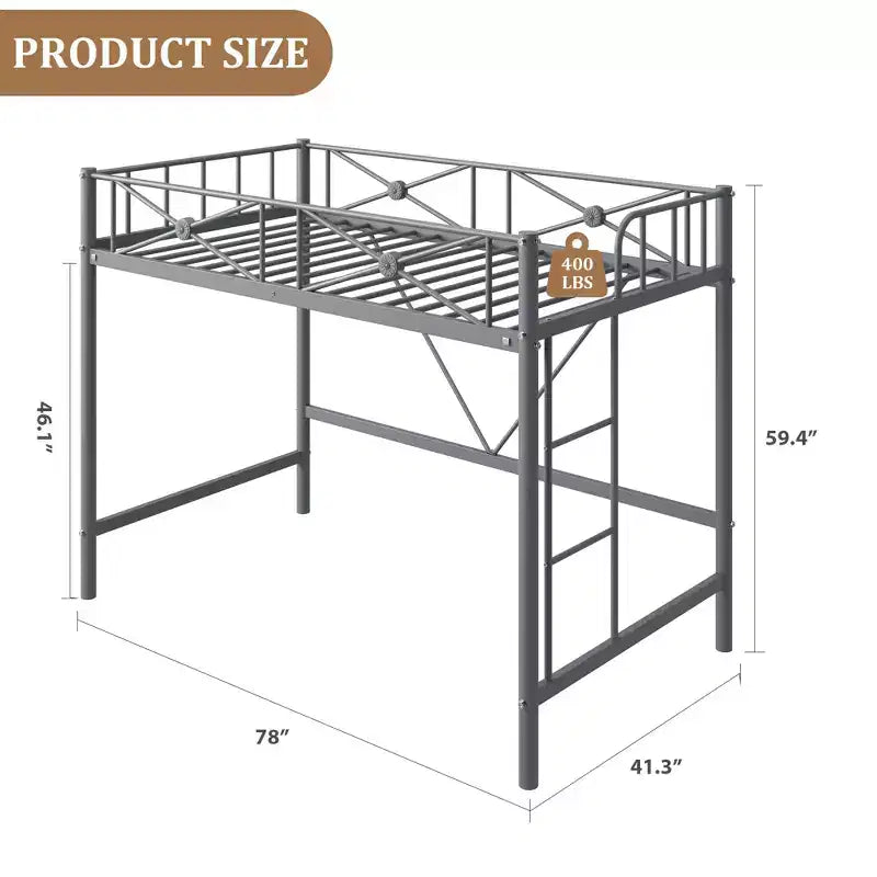 Lit mezzanine en métal robuste, taille simple, cadre moderne en acier avec rampes de sécurité, peu encombrant pour chambre et école