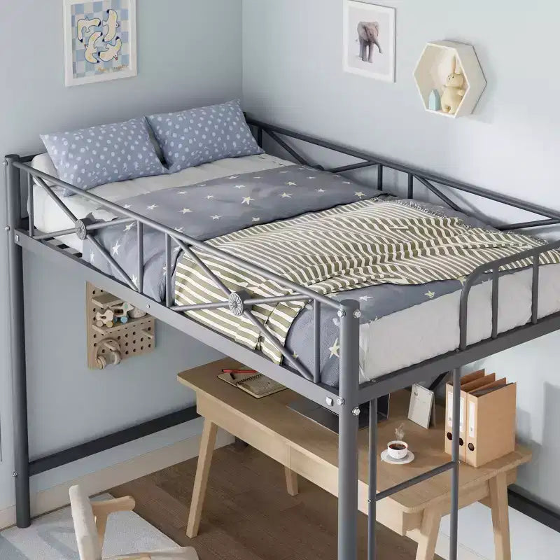 Lit mezzanine en métal robuste, taille simple, cadre moderne en acier avec rampes de sécurité, peu encombrant pour chambre et école