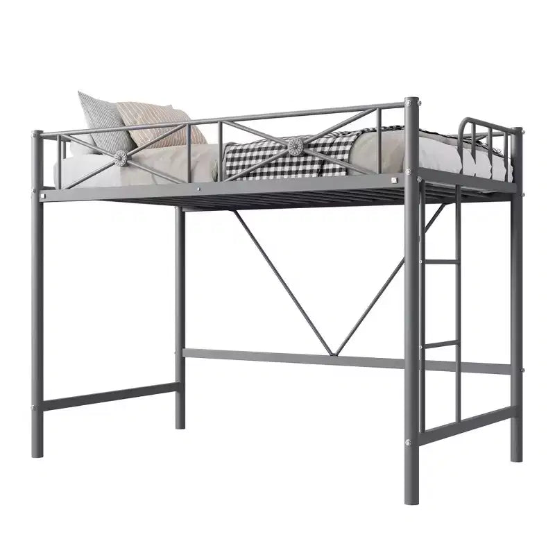 Lit mezzanine en métal robuste, taille simple, cadre moderne en acier avec rampes de sécurité, peu encombrant pour chambre et école