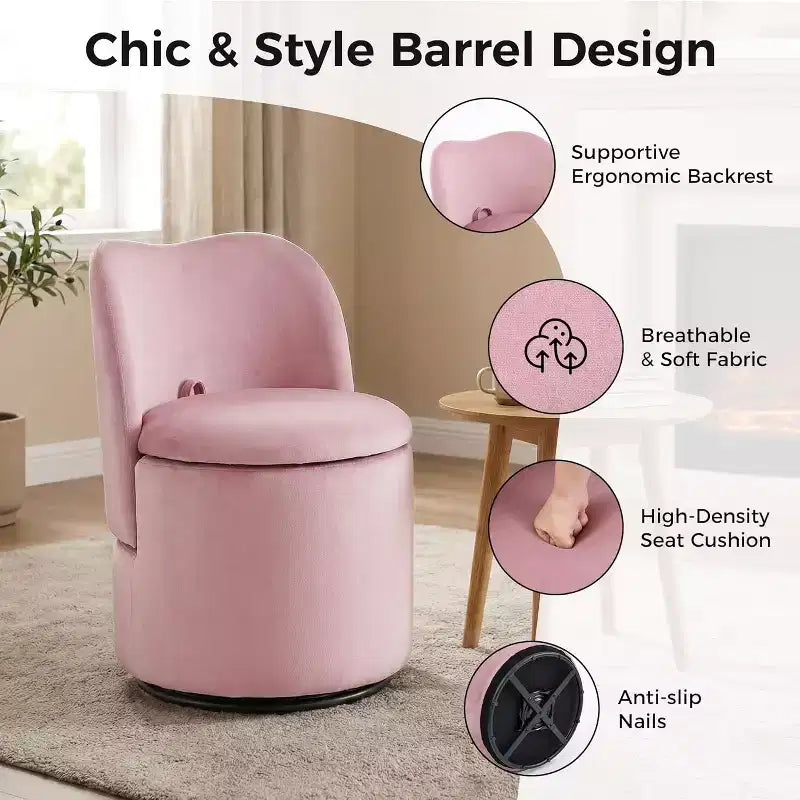 Chaise de vanité pivotante avec rangement, Tabouret de maquillage rond rembourré Chaise d'appoint avec dossier, Siège doux et rembourré pour chambre à coucher, salon