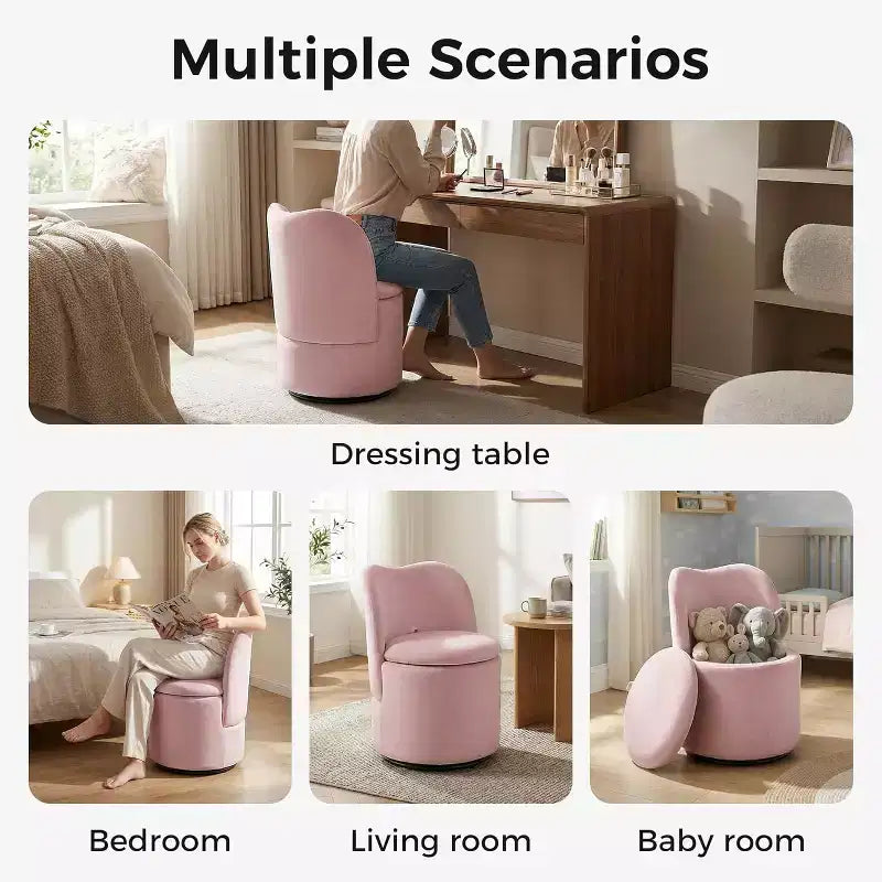Chaise de vanité pivotante avec rangement, Tabouret de maquillage rond rembourré Chaise d'appoint avec dossier, Siège doux et rembourré pour chambre à coucher, salon