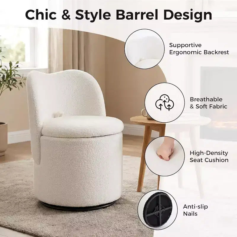Chaise de vanité pivotante avec rangement, Tabouret de maquillage rond rembourré Chaise d'appoint avec dossier, Siège doux et rembourré pour chambre à coucher, salon