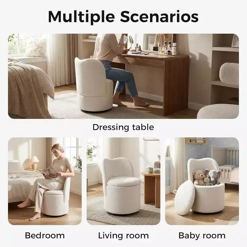 Chaise de vanité pivotante avec rangement, Tabouret de maquillage rond rembourré Chaise d'appoint avec dossier, Siège doux et rembourré pour chambre à coucher, salon