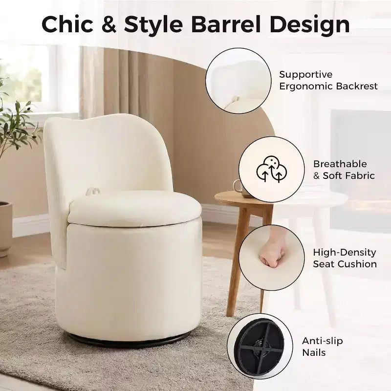 Chaise de vanité pivotante avec rangement, Tabouret de maquillage rond rembourré Chaise d'appoint avec dossier, Siège doux et rembourré pour chambre à coucher, salon