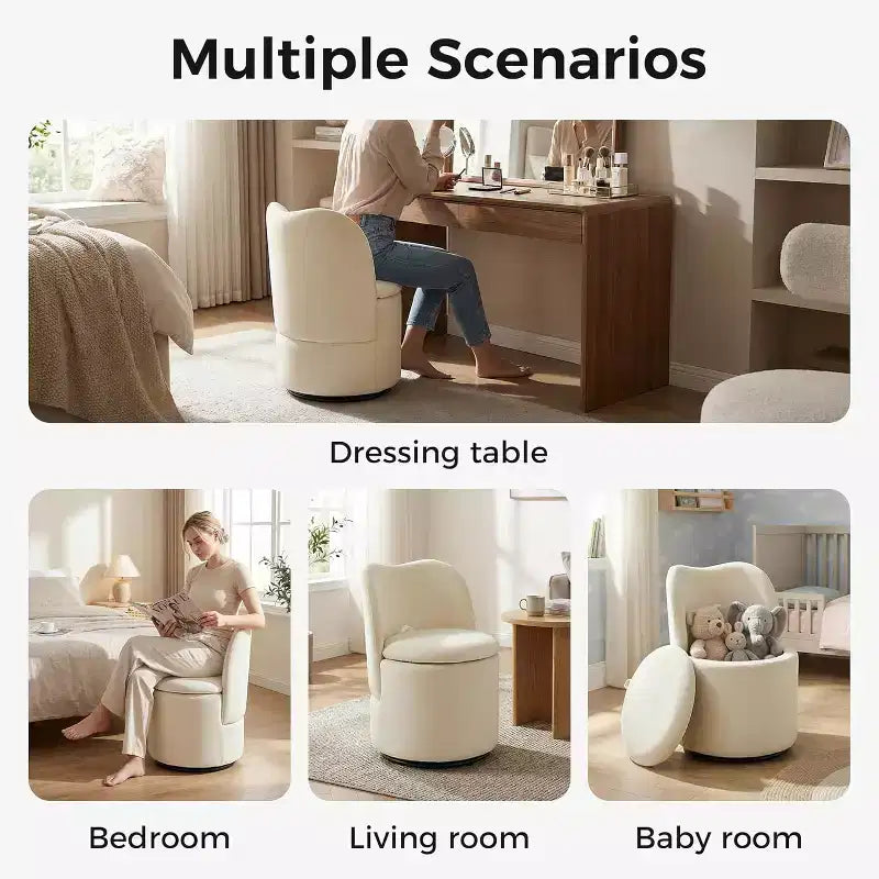 Chaise de vanité pivotante avec rangement, Tabouret de maquillage rond rembourré Chaise d'appoint avec dossier, Siège doux et rembourré pour chambre à coucher, salon