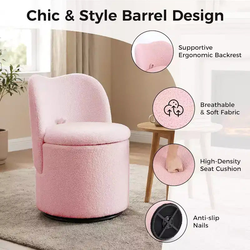 Chaise de vanité pivotante avec rangement, Tabouret de maquillage rond rembourré Chaise d'appoint avec dossier, Siège doux et rembourré pour chambre à coucher, salon