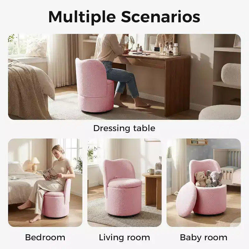 Chaise de vanité pivotante avec rangement, Tabouret de maquillage rond rembourré Chaise d'appoint avec dossier, Siège doux et rembourré pour chambre à coucher, salon