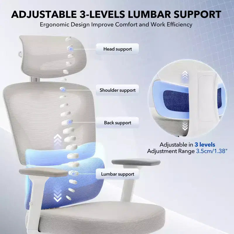 Chaise de bureau ergonomique en maille, appui-tête, soutien lombaire, chaise d'ordinateur pivotante à roulettes, pour la maison, le bureau