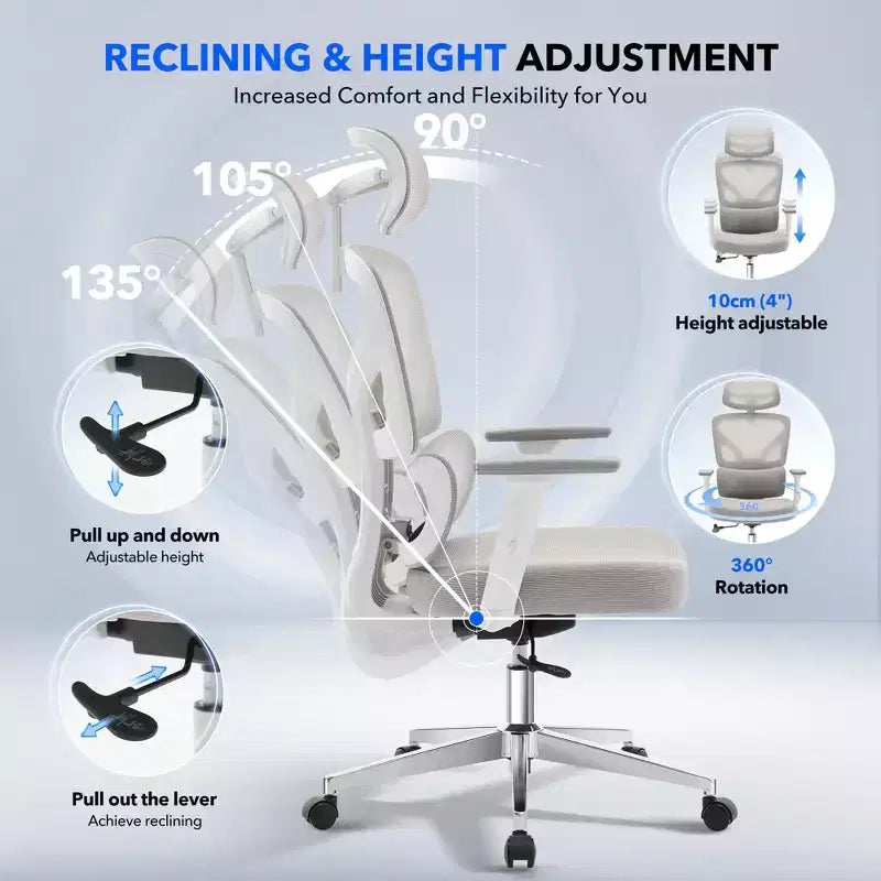 Chaise de bureau ergonomique en maille, appui-tête, soutien lombaire, chaise d'ordinateur pivotante à roulettes, pour la maison, le bureau