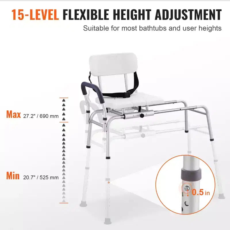 Banc de transfert coulissant pour baignoire avec siège échancré, 180 kg, réglage de la hauteur sur 15 niveaux