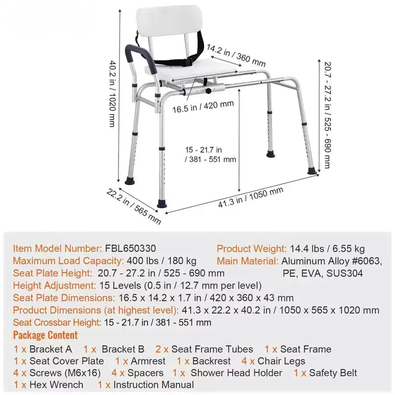Banc de transfert coulissant pour baignoire avec siège échancré, 180 kg, réglage de la hauteur sur 15 niveaux