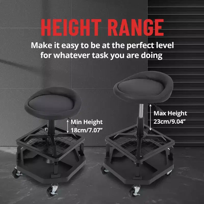 Tabouret de garage roulant, hauteur réglable, capacité de 150 kg, tabouret de mécanicien, roues pivotantes à 360°, siège d'atelier rembourré, établi robuste pour atelier