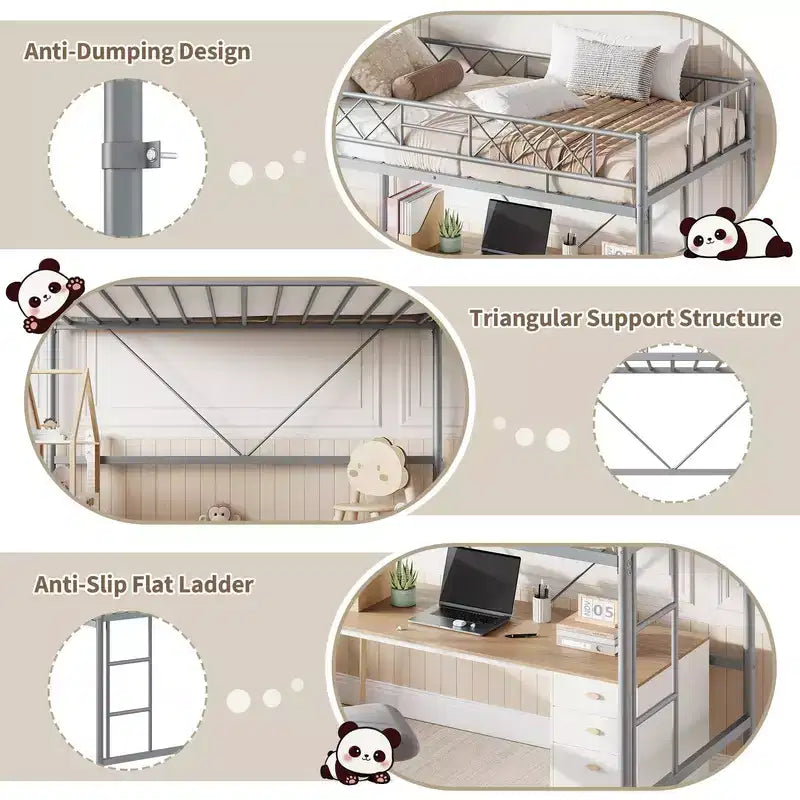 Lit mezzanine double pour adolescents et adultes, cadre de lit mezzanine en métal avec barrière de sécurité et échelle à barreaux plats, lattes en acier robustes, design peu encombrant