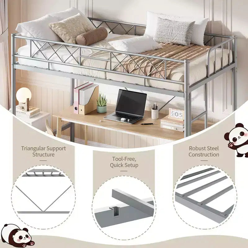 Lit mezzanine double pour adolescents et adultes, cadre de lit mezzanine en métal avec barrière de sécurité et échelle à barreaux plats, lattes en acier robustes, design peu encombrant