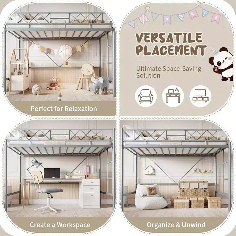 Lit mezzanine double pour adolescents et adultes, cadre de lit mezzanine en métal avec barrière de sécurité et échelle à barreaux plats, lattes en acier robustes, design peu encombrant
