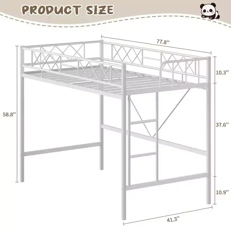 Lit mezzanine double pour adolescents et adultes, cadre de lit mezzanine en métal avec barrière de sécurité et échelle à barreaux plats, lattes en acier robustes, design peu encombrant