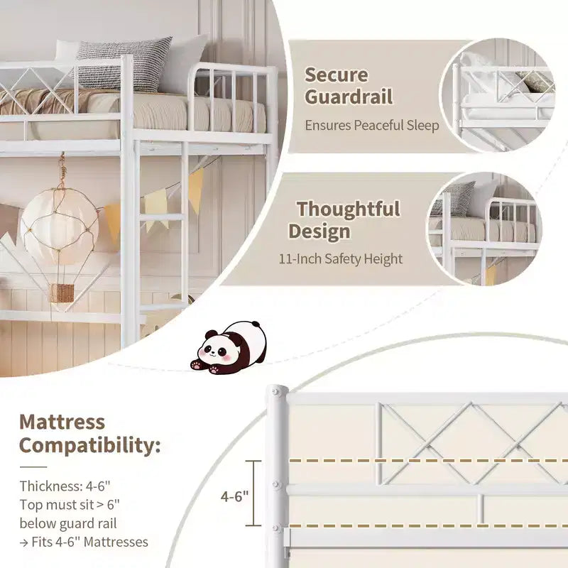 Lit mezzanine double pour adolescents et adultes, cadre de lit mezzanine en métal avec barrière de sécurité et échelle à barreaux plats, lattes en acier robustes, design peu encombrant