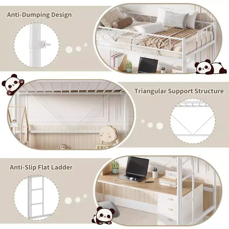 Lit mezzanine double pour adolescents et adultes, cadre de lit mezzanine en métal avec barrière de sécurité et échelle à barreaux plats, lattes en acier robustes, design peu encombrant
